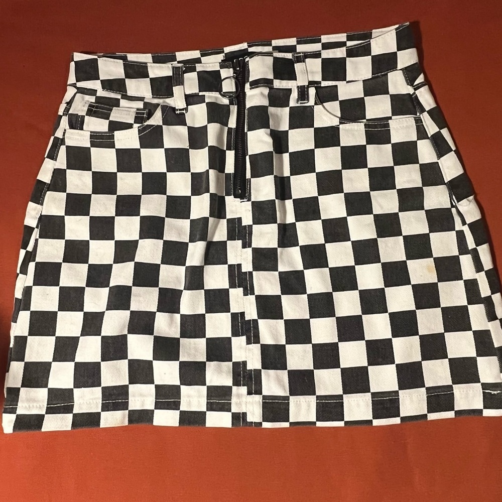 mini black and white checkered jean skirt size medium